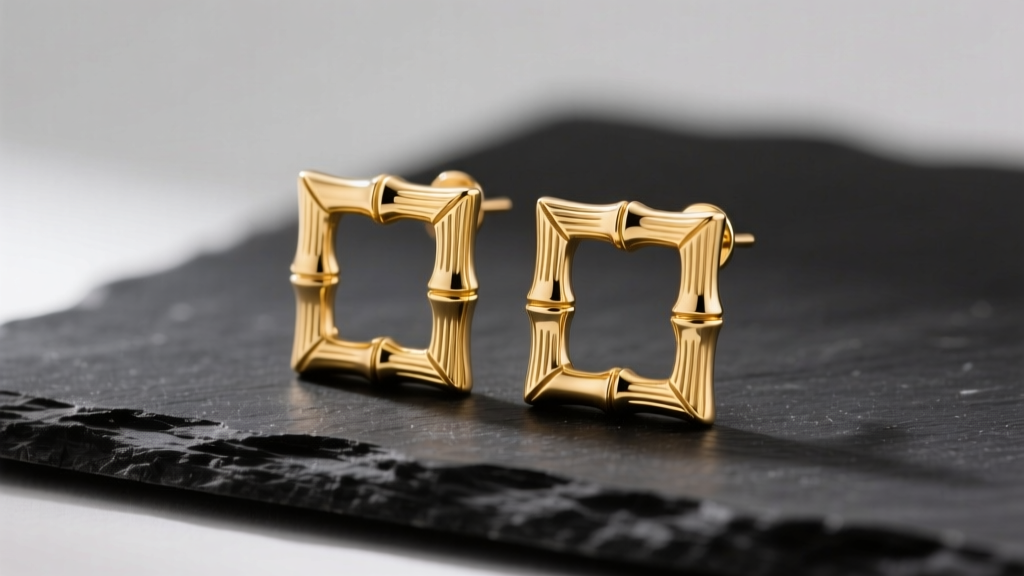 Gold vermeil square bamboo earrings on dark slate, showing ribbed texture and sharp geometric corners under soft studio lighting