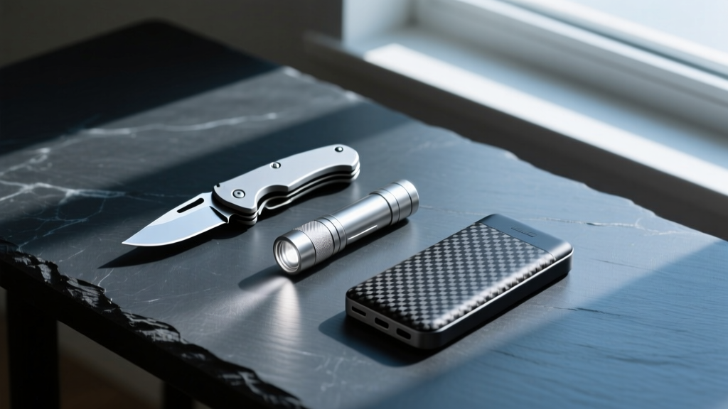 Overhead flat lay of a titanium pocket knife, compact right-angle flashlight, and carbon fiber power bank on a dark slate desk