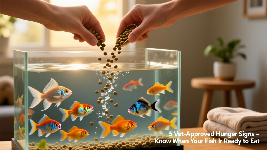 Two hands pouring high-quality, sinking pellets into a clear aquarium while colorful fish gather below, ready to eat