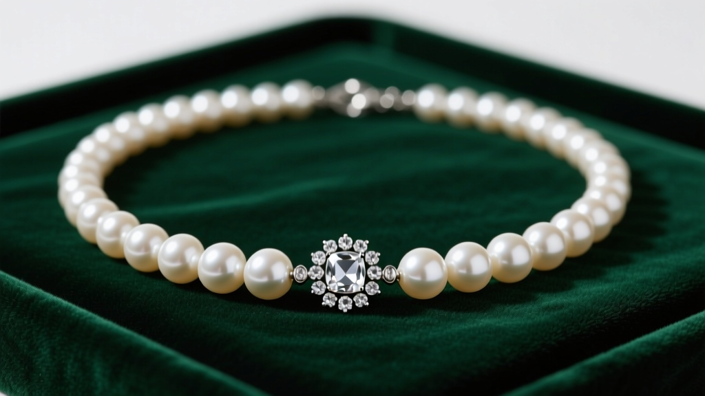 Flat lay of a vintage Marvella pearl necklace with a rhinestone clasp on dark emerald velvet, illuminated by soft studio lighting