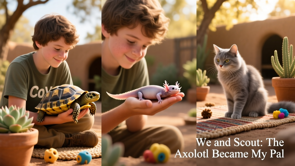A collage-style photo showing Cody gently holding a desert tortoise, feeding an axolotl, and brushing a cat—highlighting his diverse pet experience