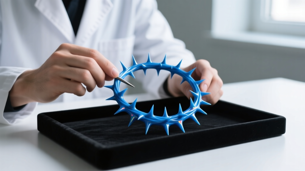 Jeweler examining a blue wax model of a thorn necklace, checking sharp tips before the lost-wax investment casting phase begins.