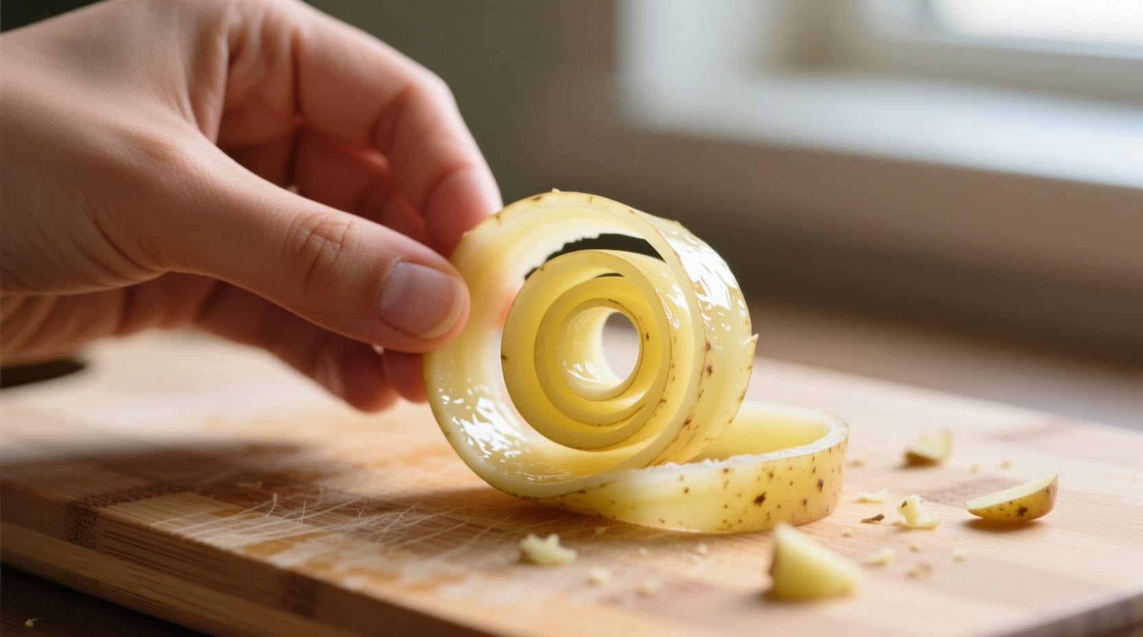 Hand holding spiral-cut potato ribbon on cutting board