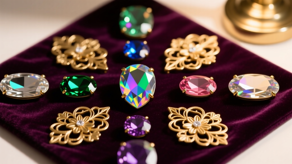 Close-up of sorted vintage aurora borealis glass rhinestones and gold filigree stampings on a velvet mat, lit by a daylight lamp