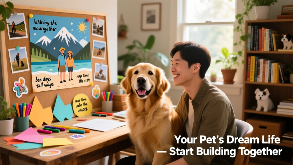 A joyful dog and human sitting side-by-side at a cozy desk, surrounded by colorful cut-out images, stickers, and a half-finished vision board
