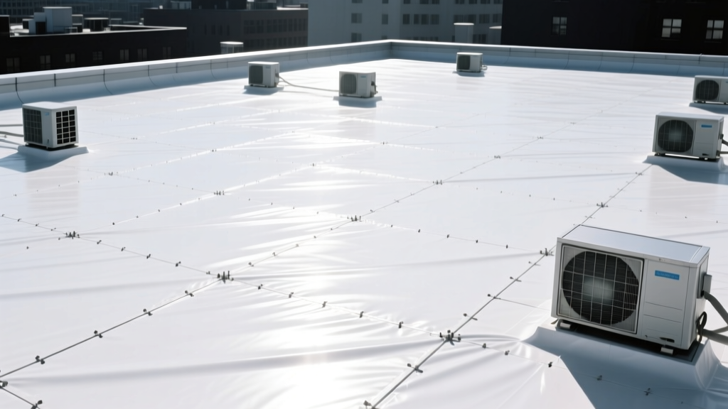 Bright white PVC membrane on a flat roof reflecting sunlight, showing heat-welded seams and rooftop HVAC units in summer