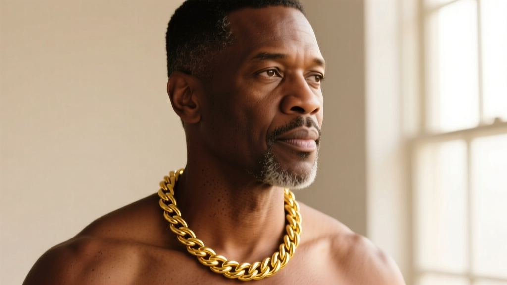 Close-up of a man wearing an 18-inch 14k yellow gold rope chain resting perfectly on the collarbone, studio lighting, sharp focus.