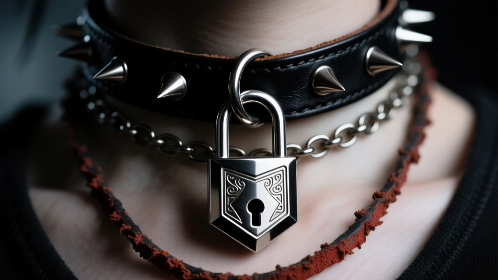 Close-up of a layered emo necklace set featuring a 316L steel padlock pendant and a spiked leather choker in moody dark lighting