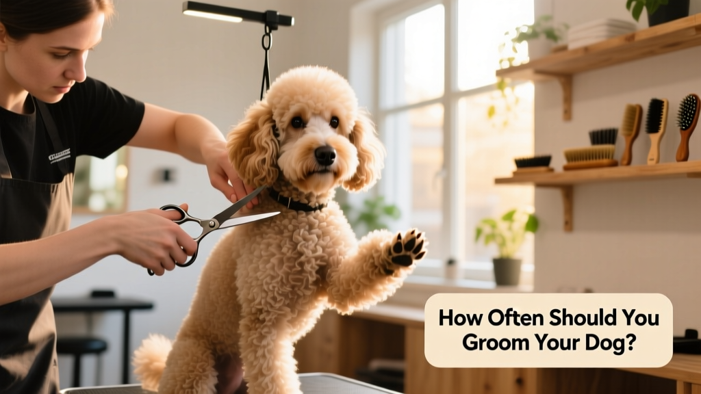 A professional groomer carefully trimming a dog’s fur