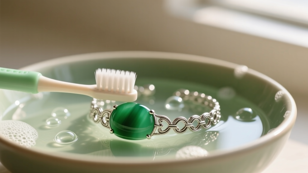 Soft-bristled baby toothbrush gently scrubbing a green agate and sterling silver bracelet in a shallow bowl of warm soapy water