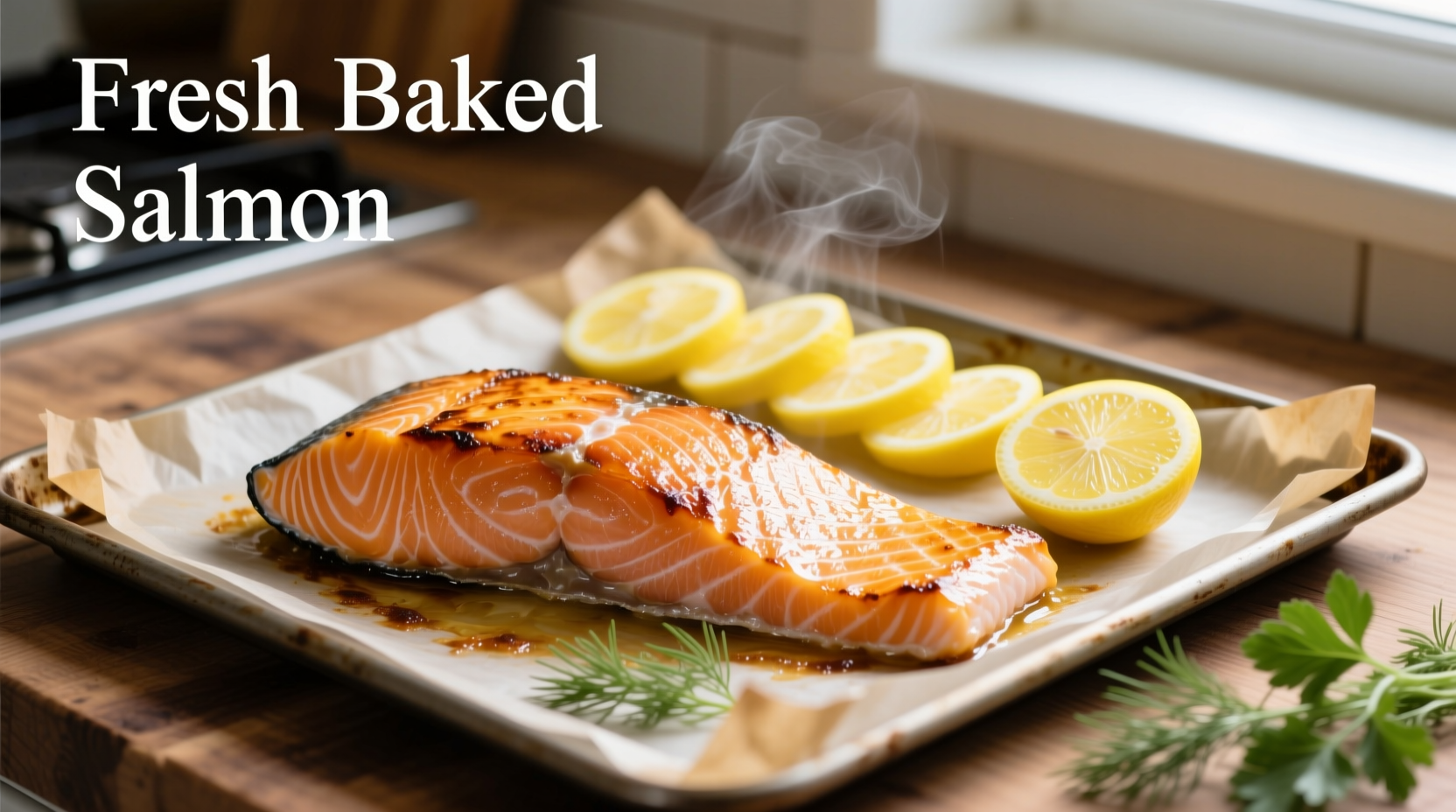 Fresh salmon fillet baking in oven with lemon slices
