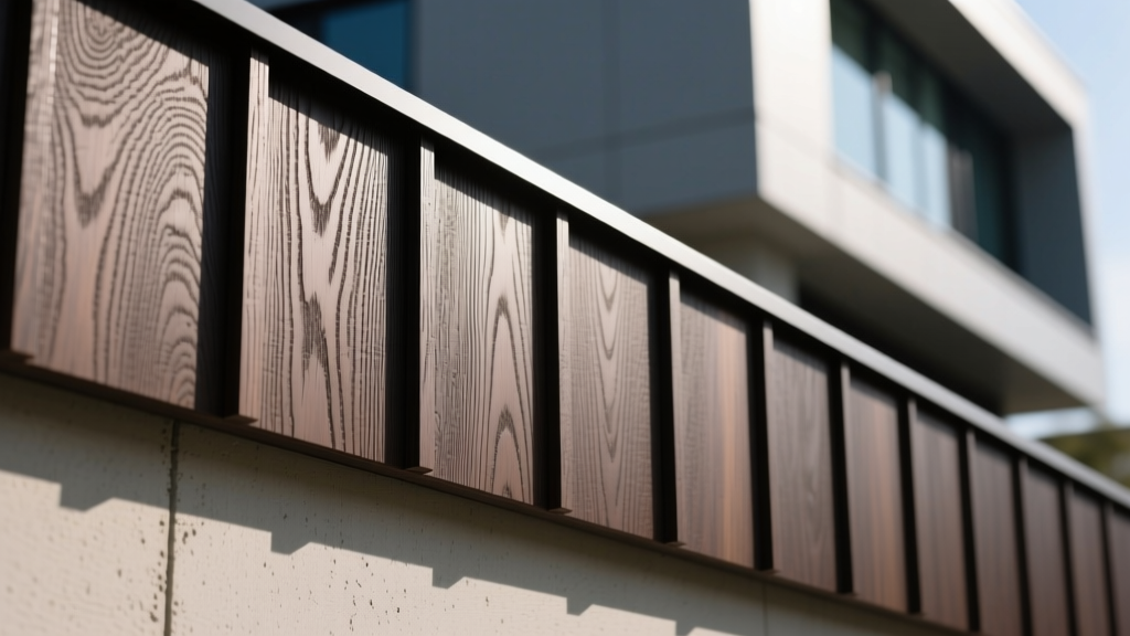 Close-up of Nichiha architectural fiber cement siding panels in a dark cedar finish installed on a modern commercial exterior wall