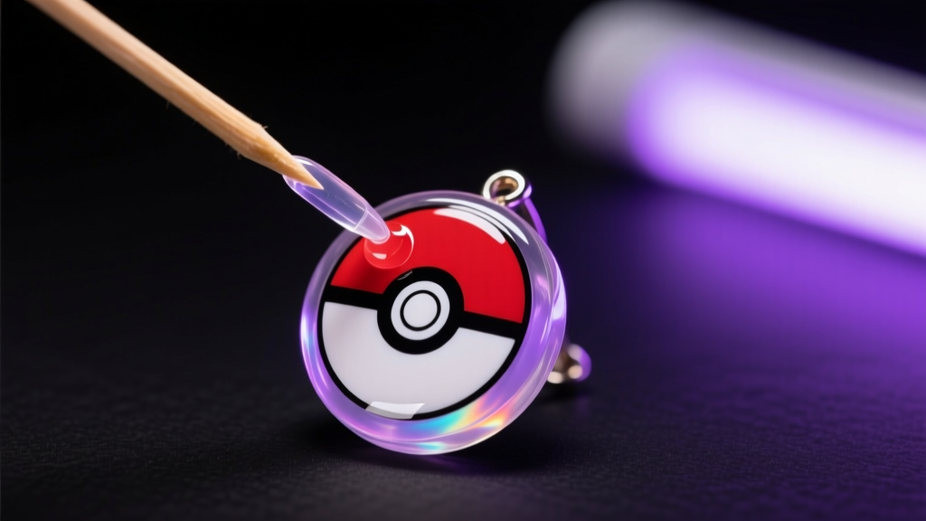 Macro shot of a toothpick applying clear UV resin over a painted pokeball earring base under the purple glow of a UV lamp.