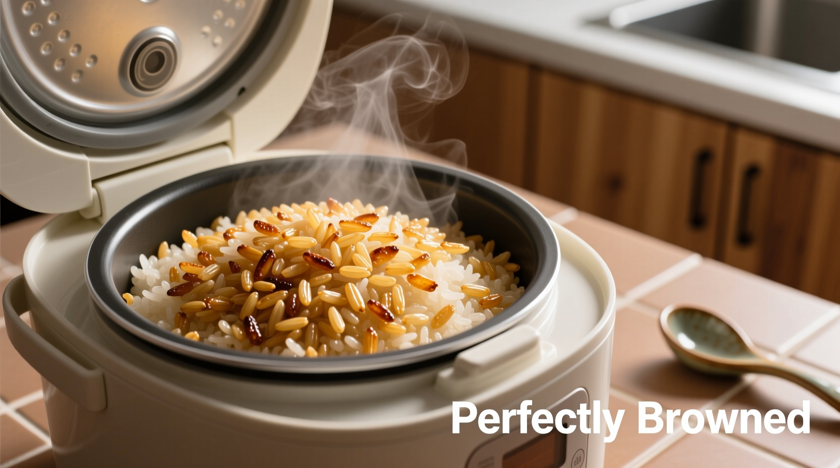 Perfectly browned rice in rice cooker with golden grains