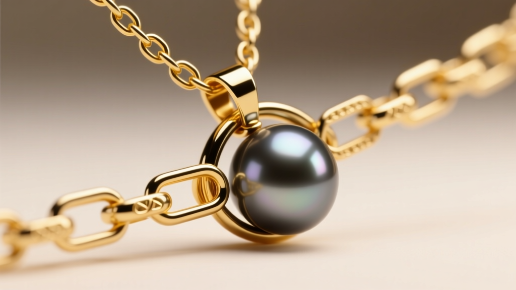 Macro photography of an 18k yellow gold paperclip chain interlocking with a dark grey Tahitian pearl pendant under studio lighting