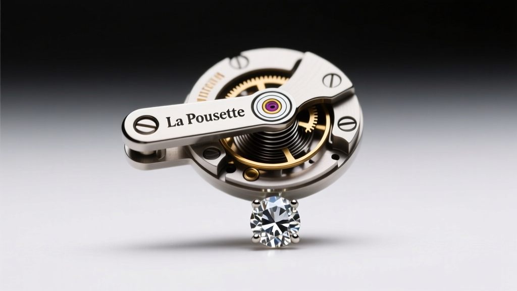 Macro shot of a La Pousette locking clutch on a diamond stud, showing the internal spring tension mechanism in soft studio light.