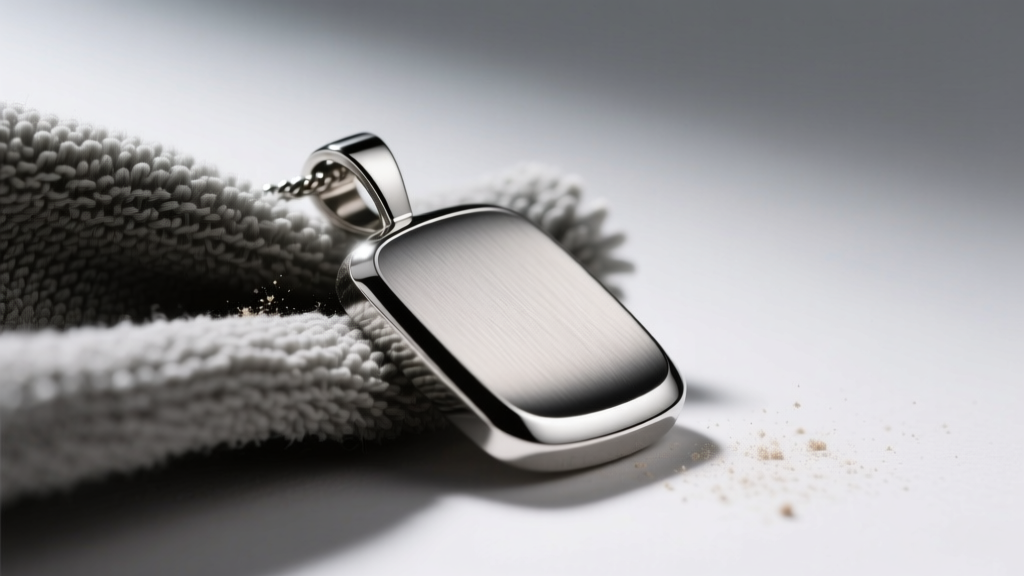 Close-up of a microfiber cloth polishing a 316L stainless steel pendant, highlighting brushed and high-polish metal finishes