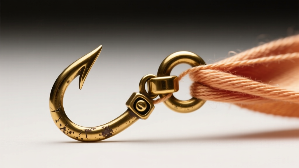 Close-up of a tarnished 14k gold vintage fishhook clasp on a silk-strung necklace, highlighting wear on the delicate safety catch.