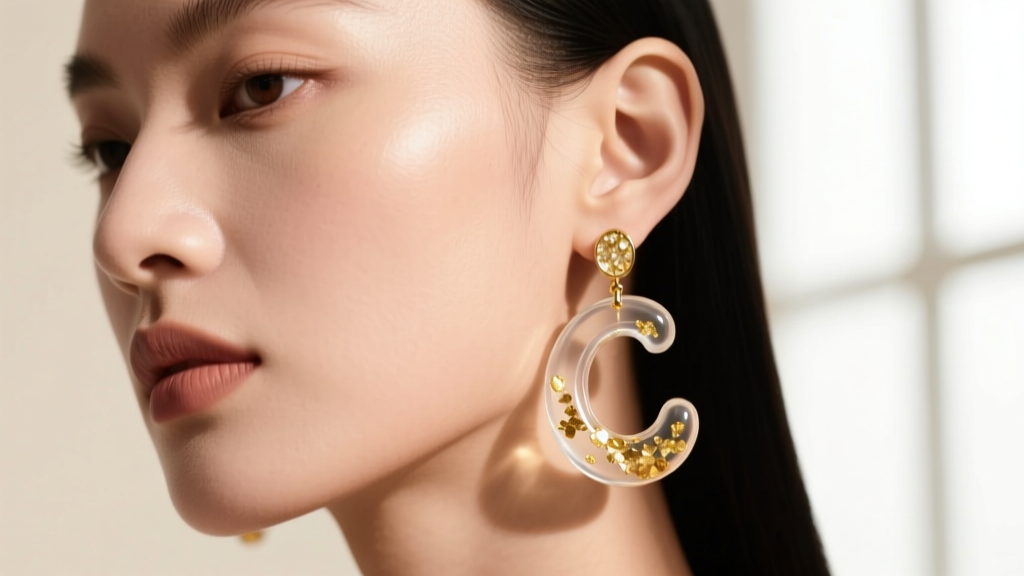 Close-up of model wearing transparent resin and 18k gold flake drop earrings, soft studio lighting highlighting the C-shape curve.