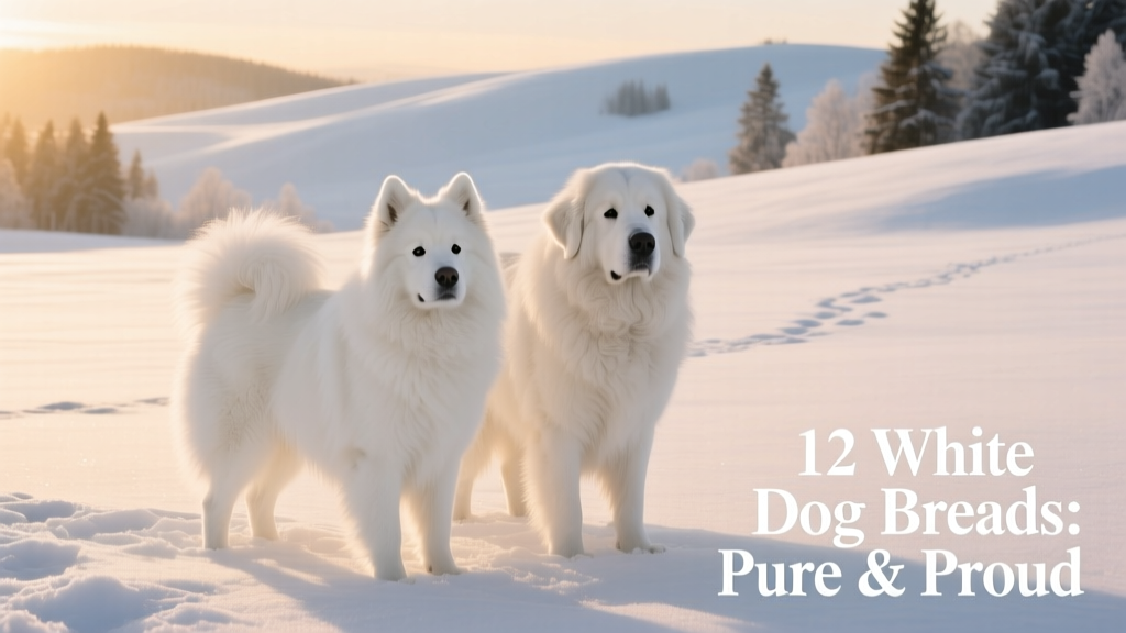 A large white Samoyed and Great Pyrenees standing side-by-side in a snowy meadow, both gazing calmly ahead