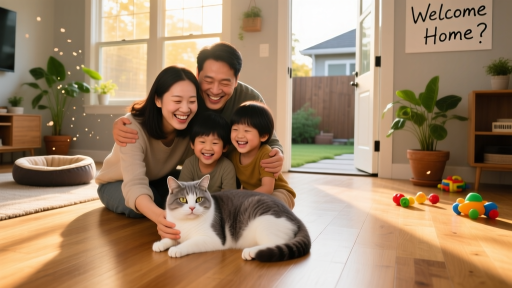 A happy adopted cat settling into a new home with a smiling family