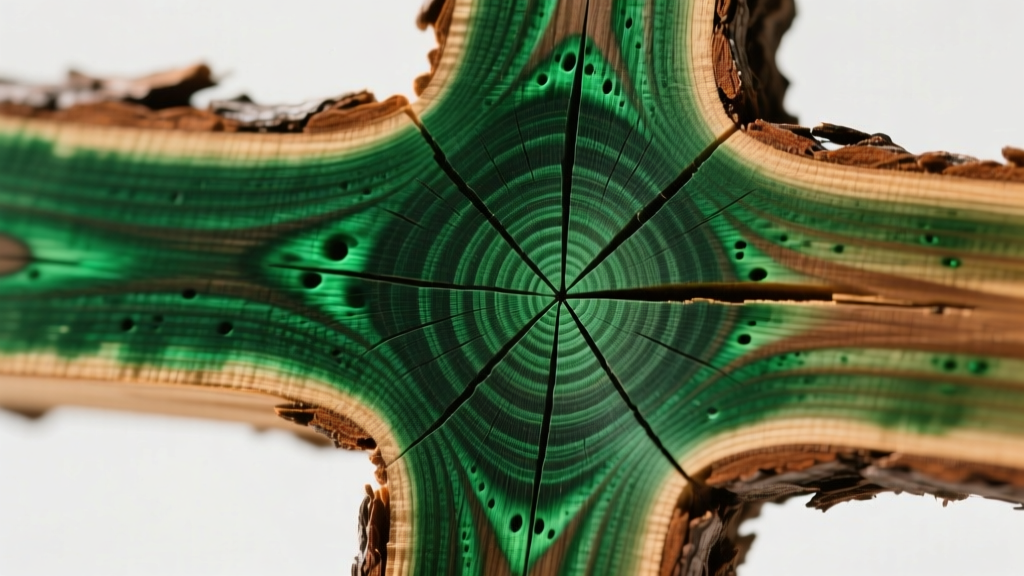 Close-up of treated pine cross-section showing deep green chemical penetration in sapwood next to untreated brown heartwood.