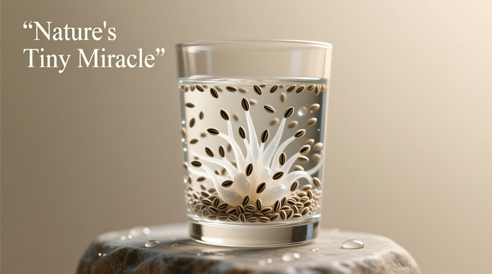 Chia seeds transforming in water glass