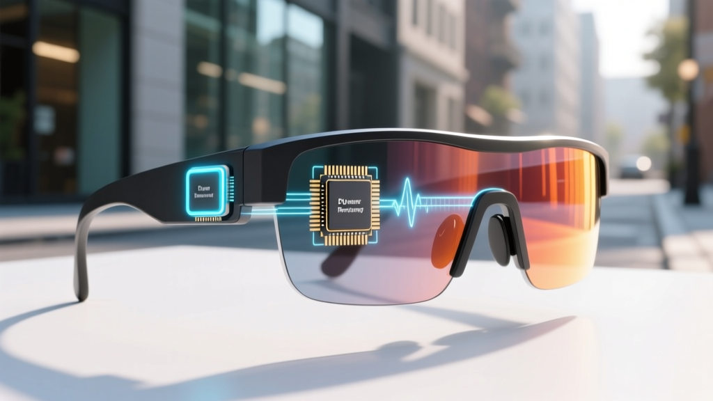 Diagram of dual-chip AR glasses architecture, highlighting the low-power background sensor and the high-performance rendering chip.