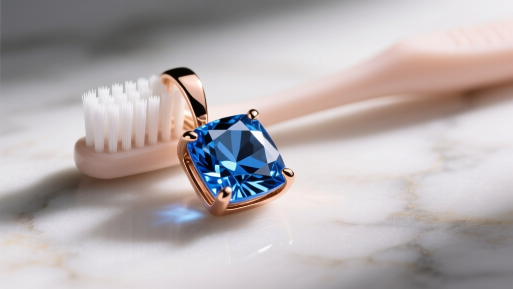 Soft baby toothbrush gently scrubbing the prongs of a blue cubic zirconia gemstone set in a rose gold plated pendant.