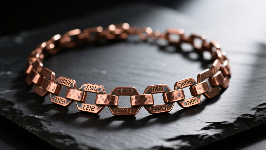 Close-up of a vintage 1950s Renoir copper necklace featuring hand-hammered geometric copper links resting on dark slate