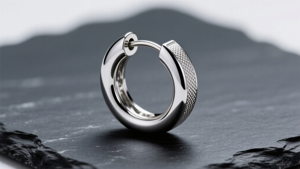 Macro photography of polished ASTM F136 titanium one inch earring hoop with seamless clicker closure on dark slate surface