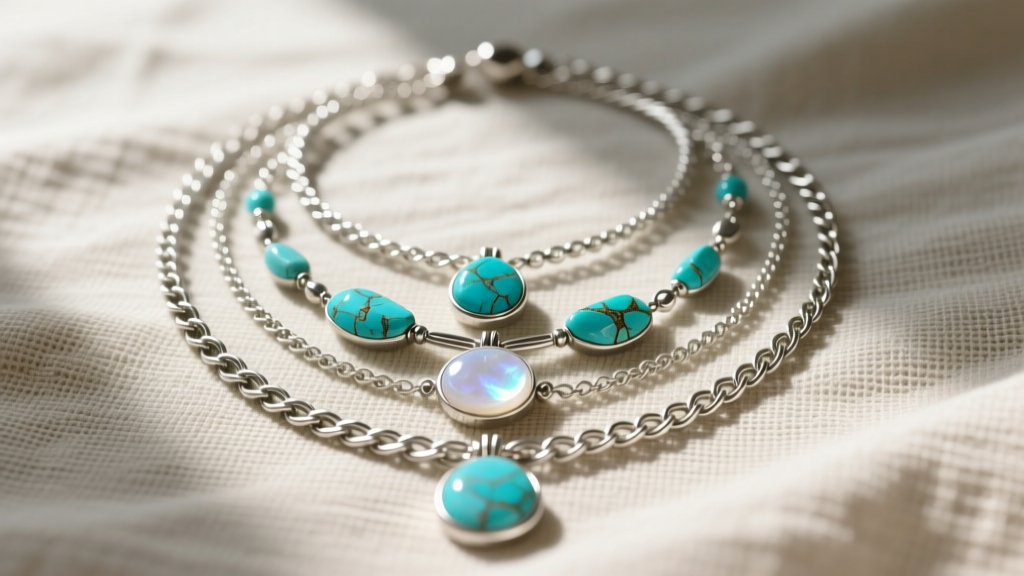 Flat lay of layered silver boho necklaces with raw turquoise and moonstone pendants resting on textured linen in natural light