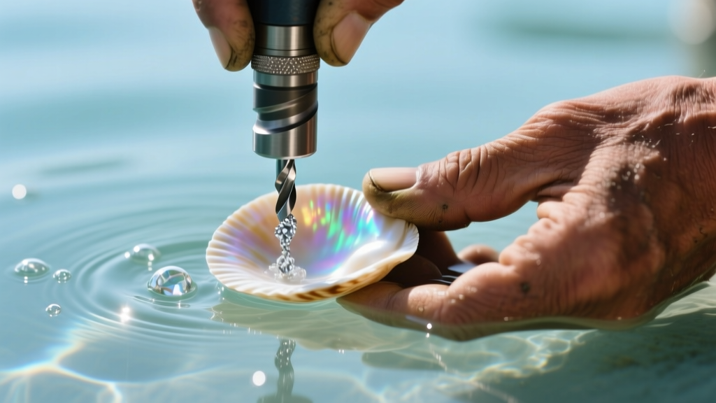 Close-up of hands drilling a polished cowrie shell with a diamond core bit submerged in a shallow water bath under bright lighting.