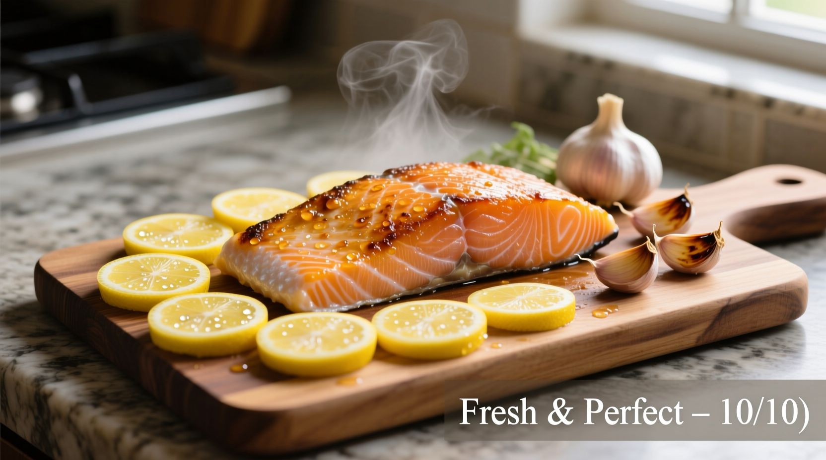 Perfectly cooked salmon with lemon slices and garlic
