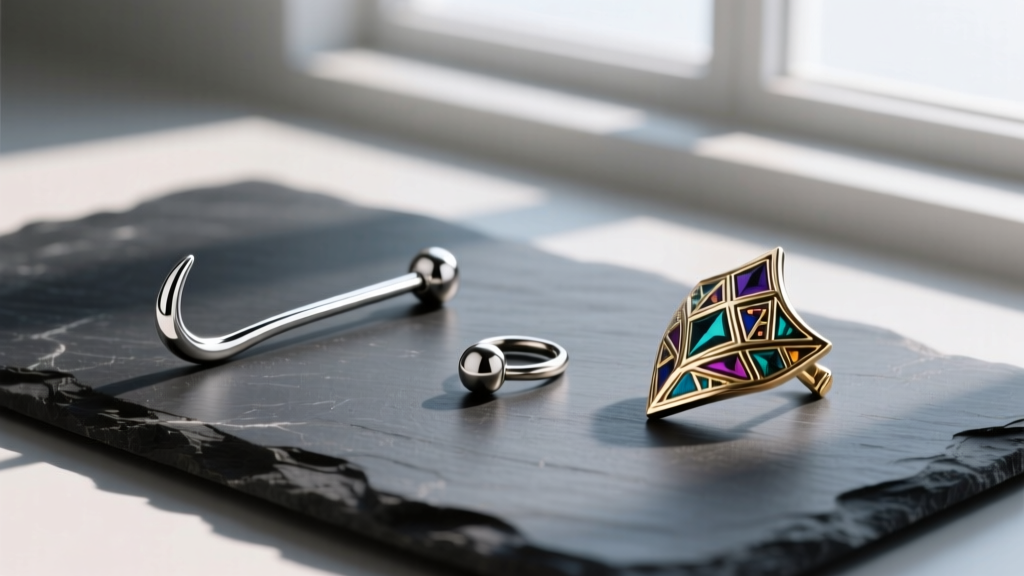 Flat lay of three eyebrow piercing styles on dark slate: a curved barbell, a captive bead ring, and a decorative eyebrow shield.