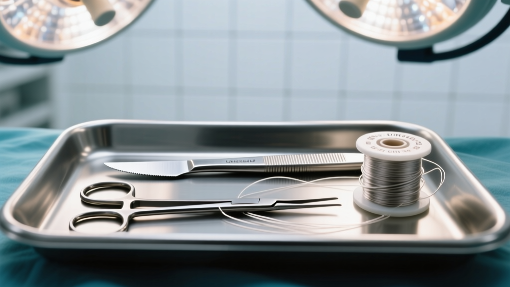 Macro shot of a sterile surgical tray holding a scalpel, fine forceps, and 6-0 nylon sutures under bright operating room lights.