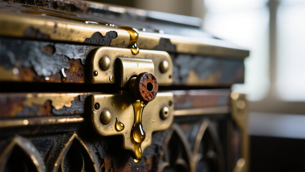 Close-up of tarnished brass butt hinge on gothic coffin box, showing penetrating oil applied to the rusted center pin.