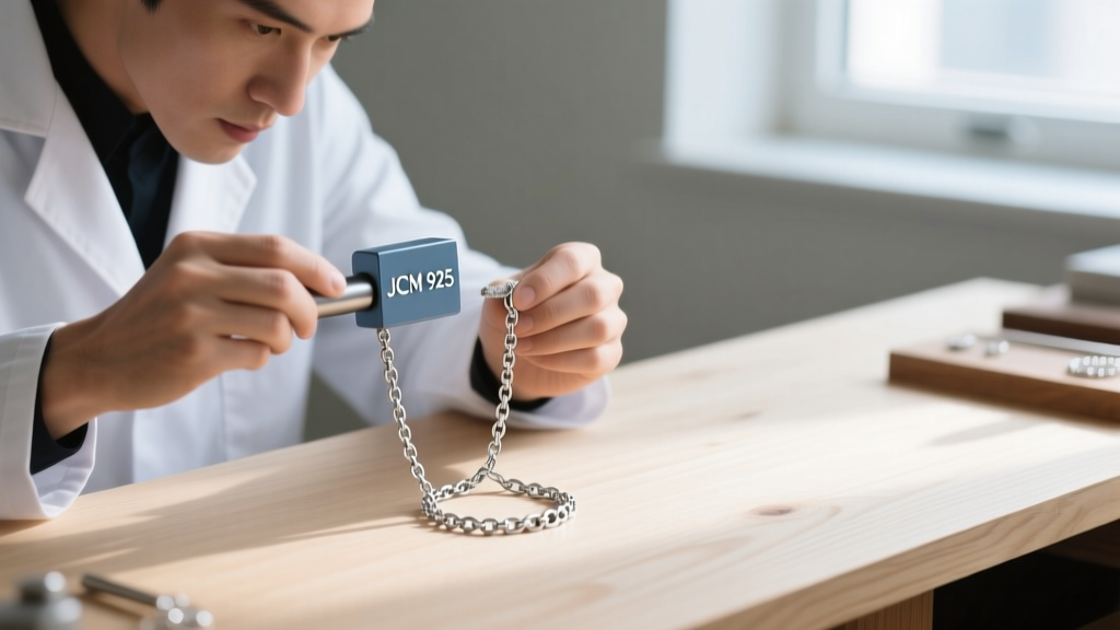 Jeweler using a neodymium magnet to test the authenticity of a JCM 925 silver pendant chain on a clean wooden workbench surface