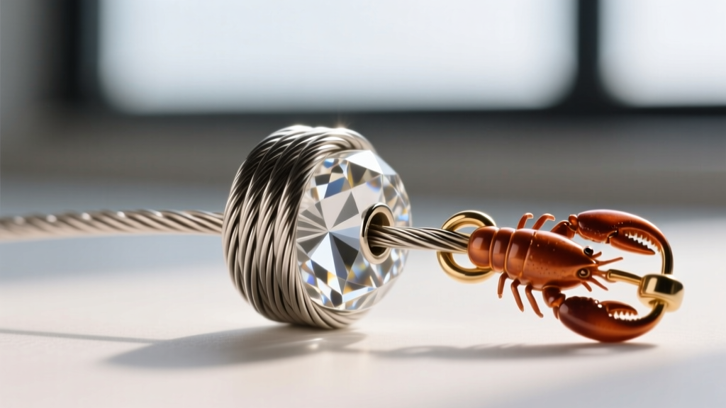 Close-up of 49-strand steel wire threaded through a diamond-reamed resin bead, attached to a polished solid brass lobster clasp.