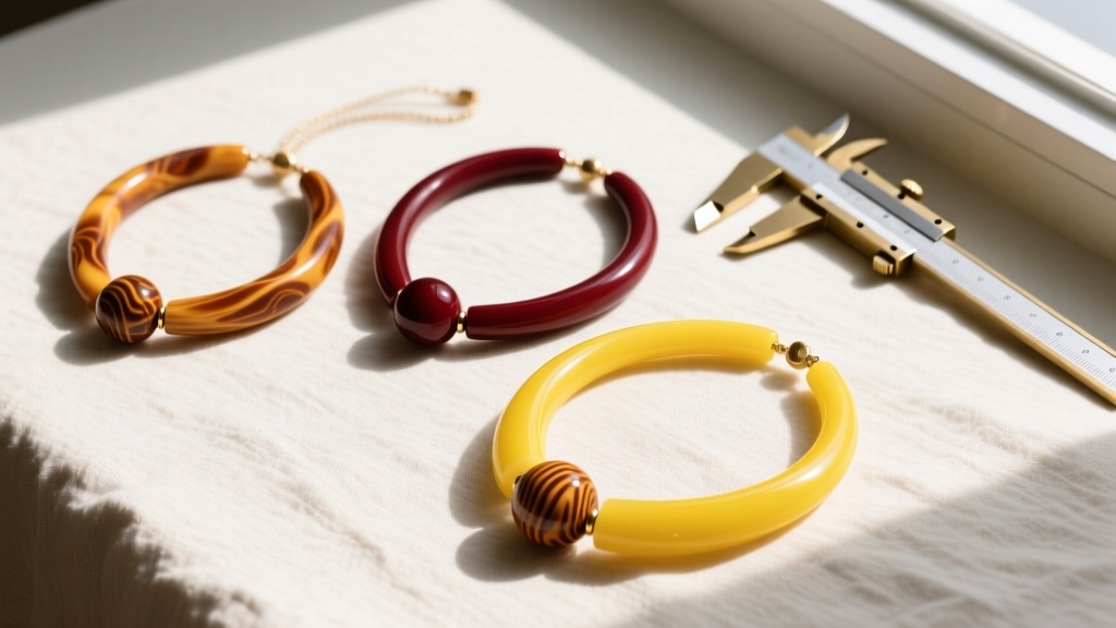 Overhead flat lay of three copal necklaces in butterscotch, cherry red, and lemon yellow on linen cloth next to a brass caliper.