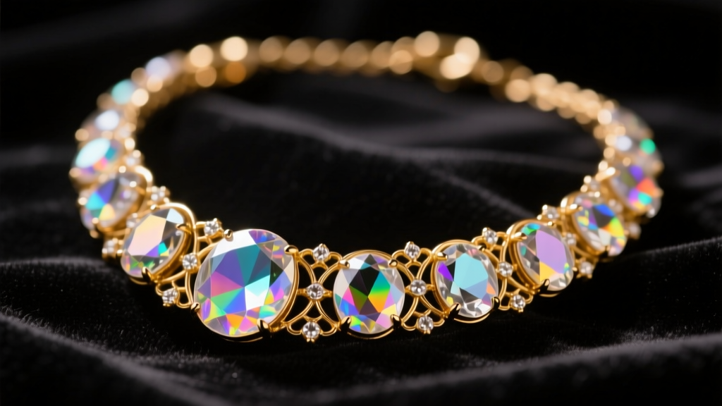 Macro shot of a vintage Austrian crystal necklace with aurora borealis stones in gold filigree on dark velvet under warm light