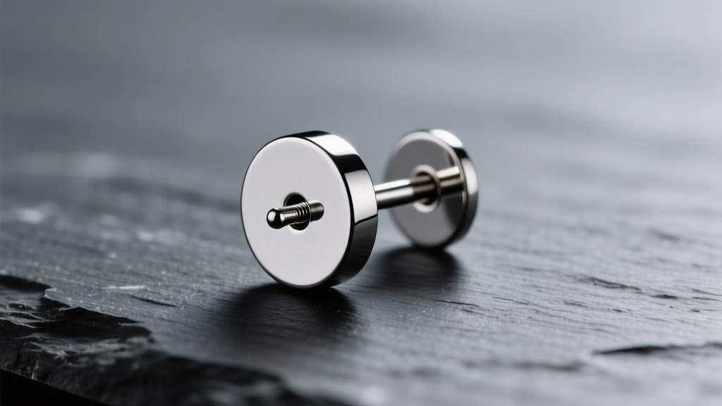 Macro shot of polished titanium flat-back labret earring on dark slate, highlighting threadless pin mechanism and mirror finish.