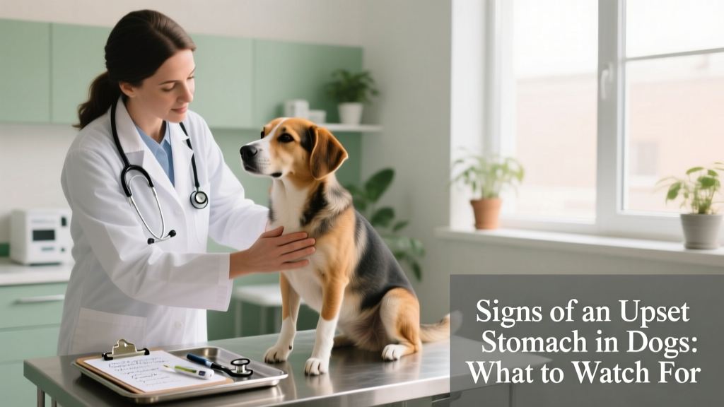Veterinarian gently examining a calm dog during a wellness check, with diagnostic tools visible nearby