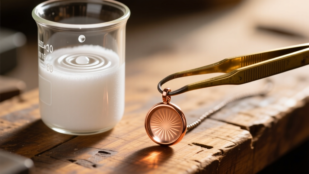 Glass beaker of baking soda solution and brass tweezers cleaning a freshly soldered copper pendant on a wooden workbench surface