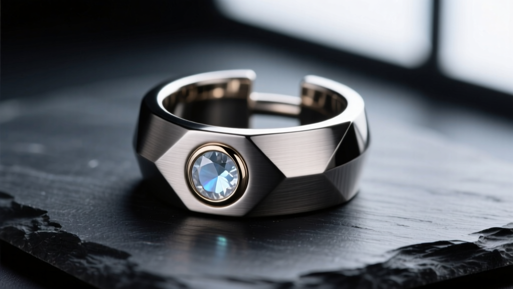 Macro shot of a 16-gauge titanium helix cuff with a tiny bezel-set moonstone resting on a piece of dark slate.