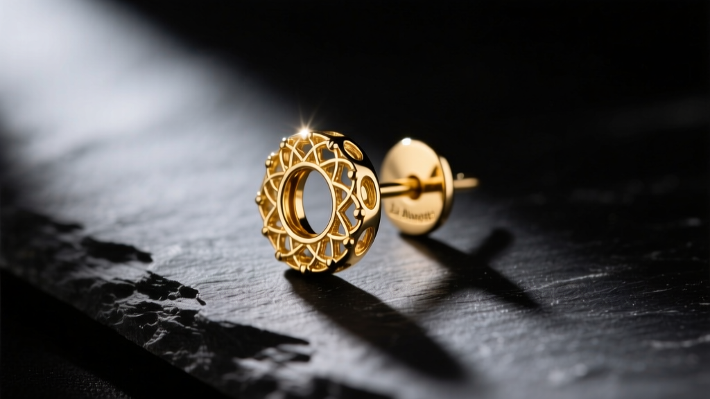 Macro shot of a 20-gauge 14k gold post earring with a La Pousette backing on dark slate, dramatic lighting.