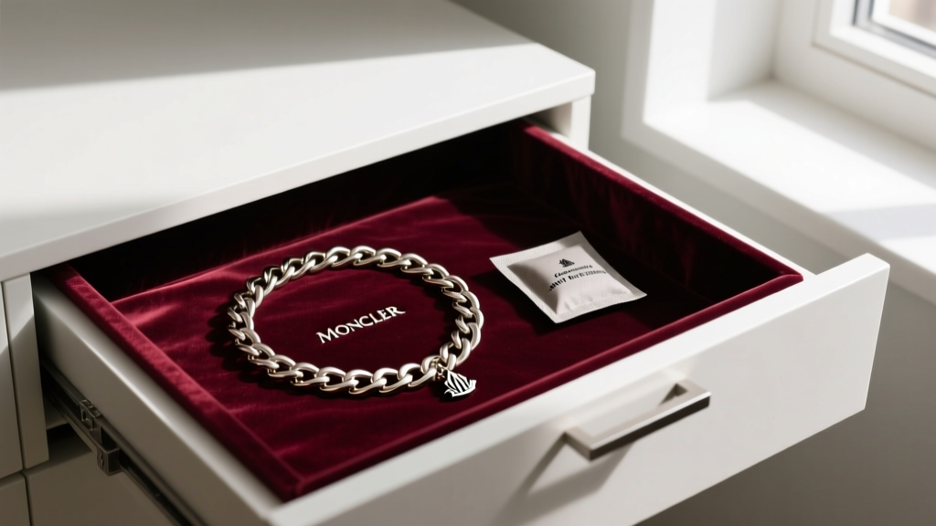 Open velvet-lined drawer displaying a Moncler chain necklace neatly coiled beside a small activated charcoal anti-tarnish sachet