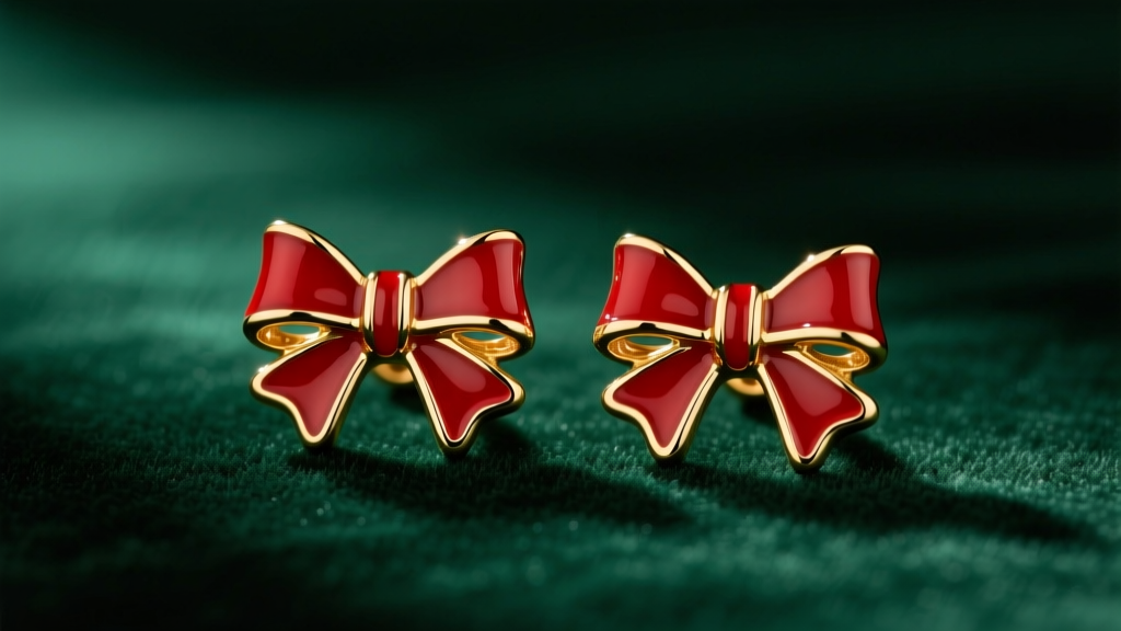 Close-up of red vitreous enamel Christmas bow earrings crafted in 18k gold, resting on dark green velvet under soft studio lighting.