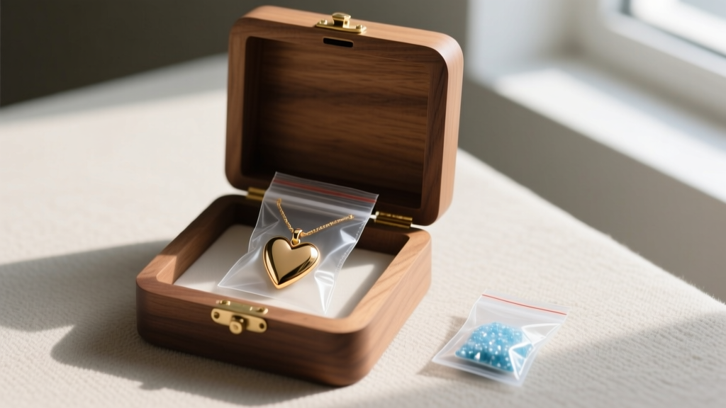 Wooden jewelry box showing a brass Howl heart pendant stored in a sealed anti-tarnish bag alongside a small silica gel desiccant