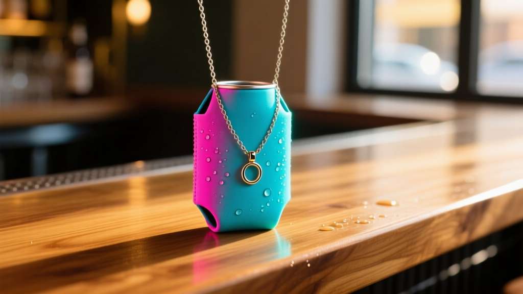 Neon neoprene beer koozie necklace pendant on a wood bar top with a steel chain, warm lighting, and subtle condensation drops.